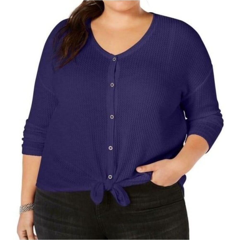 Style & Co Purple Waffle Knit Tie Front Thermal Shirt Plus Size 0X /14 NWT